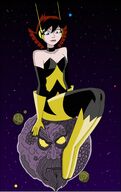 breasts drawing giantess giga space color large_breasts blue_eyes planet cleavage brunette moon gloves short_hair boots sitting avengers costume stars cosmic_giantess janet_van_dyne marvel_comics nightcore100 the_wasp avengers_earths_mightiest_heroes ego_the_living_planet
