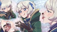 drawing gentle white_hair nude small_man blushing color tongue penis clothed licking handheld saliva anime sequence smiling gloves short_hair blowjob shrunken_man oral_sex inside_mouth mouth_play licking_lips bangs on_tongue no_background looking_at_tiny cutaway on_kinky juju meteora