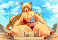 bikini drawing blonde long_hair huge_breasts smiling fox_ears sitting looking_down thick_thighs sandcastle gareit0