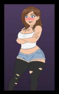 drawing blushing large_breasts long_hair brunette smiling shrunken_man tinies thigh_highs screeeow ripped_clothing no_background between_breasts