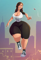 breasts drawing giantess city mega color large_breasts long_hair butt cleavage buildings jeans brunette pants dark_skin michelle thick_thighs looking_at_tiny mary_jane spider-man marvel_comics smirking caiman2 peter_parker michelle_jones