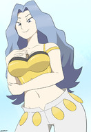 breasts drawing giantess pokemon long_hair blue_hair pants dangerking11 between_breasts dynamax karen_(pokemon) elite_four