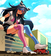 drawing giantess city black_hair long_hair destruction clothed foot_crush looking_down vehicles danganronpa gareit0 ibuki_mioda