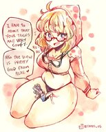 drawing gentle giantess blushing blonde long_hair cleavage glasses smiling sitting thighs goggles dialogue thick_thighs no_background ceres_us