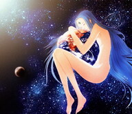 drawing gentle earth space color long_hair planet barefoot blue_hair topless smiling hugging closed_eyes sideboob stars bare_butt bare_back bare_legs bare_midriff chikyuu_shoujo_arjuna arjuna galatic jeweled_forehead ecology bare_thighs