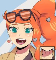 drawing pokemon vore color tongue clothed glasses saliva green_eyes smiling shrunken_woman throat inside_mouth swallowed neck panels orange_hair throat_bulge no_background sonia_(pokemon) pokemon_sword_and_shield khalcifieron gloria_(pokemon)