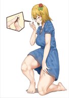 drawing blonde long_hair barefoot dress looking_down between_fingers thick_thighs uru no_background pinched one_eye_closed cutaway