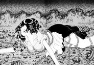 drawing giantess city monochrome anime lying_down kissing chains