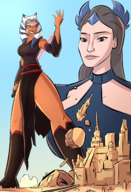 breasts drawing giantess giga horns city mega alien color large_breasts long_hair destruction blue_eyes rampage skirt brunette low_angle multiple_sizes brown_eyes smiling dress crown star_wars cruel giantesses headband lightsaber orange_skin bare_legs togruta caiman2 padme_amidala ahsoka_tano padme empress jedi ahsoka the_force raxus Mega Destruction low_angle  lekku