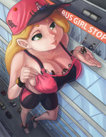 breasts drawing giantess feet blonde color large_breasts handheld barefoot cleavage tiny smiling between_breasts artclonov bus_girl