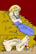 drawing feet blonde color blue_eyes clothed toes barefoot soles smiling pink_hair foot_worship shrunken_woman overalls tickle laugh hay foot_tickle erusa phuram mckaosu