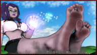 drawing giantess feet giga city color destruction clothed barefoot glasses purple_hair purple_eyes raven teen_titans ponytail short_hair sitting dirty_soles choker toe_ring bare_legs bare_midriff the-aoc-universe