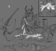 feet cum giant male penis soles demon doom testicles running_away axe cum_flood discarded_footwear human marauder