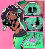 vore comic long_hair handheld saliva looking_down inside_mouth rope dark_skin no_background splatoon willing_vore tdart marina_(splatoon) pearl_(splatoon)