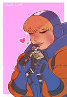 drawing gentle small_man blushing blonde color clothed handheld kissing heart mask closed_eyes bangs scar no_background apex_legends wattson symbiobro octane