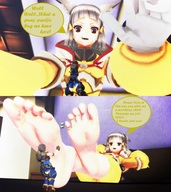 feet small_man clothed toes barefoot soles cat_ears sequence low_angle smiling story foot_worship sitting looming fangs teasing cat_girl indoors foot_slave grey_hair dialogue panels legs_crossed on_table bangs raised_feet looking_at_tiny digital_render sad-bag rex nia xenoblade_chronicles