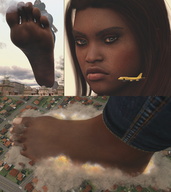 giantess feet giga long_hair destruction clothed toes barefoot buildings soles brunette sequence low_angle foot_crush town airplane explosion looming walking dark_skin smoke clouds outdoors under_foot raised_foot panels digital_render relisys66