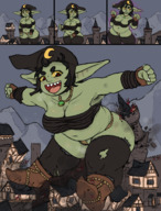 drawing growth giantess small_man comic black_hair color long_hair destruction clothed small_men cleavage butt_crush anime sequence sweat castle knight smiling witch tower falling shoe_crush outdoors under_foot jewelry thigh_highs hanging_on panels goblin stuck_to_shoe sharp_teeth thick_thighs green_skin skimpy_clothing pointed_ears shortstack billmann1815
