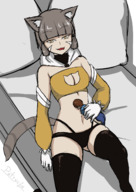 drawing small_man color clothed handheld cleavage anime cat_ears high_angle smiling lying_down cat_girl grey_hair licking_lips thigh_highs pressed bangs on_stomach imminent_vore implied_vore looking_at_tiny bare_midriff nia xenoblade_chronicles patrycja