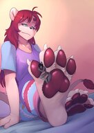 drawing gentle feet small_man furry wolf anthro color long_hair blue_eyes claws clothed toes barefoot soles bed mouse smiling paws red_hair foot_worship sitting between_toes indoors foot_slave on_foot hugging_toe paw_pads looking_at_tiny kerneldecoy