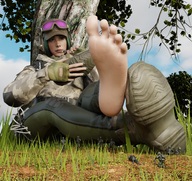feet small_man clothed small_men toes barefoot soles military low_angle tree green_hair sitting grass outdoors hat freckles tinies soldiers legs_crossed digital_render ela rainbow_six_siege poggermeister