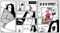 drawing gentle furry anthro comic monochrome black_hair long_hair christmas sitting humor looking_down indoors santa_costume dialogue panels wendy meme confused sweat_drop tdart question_mark td kathy