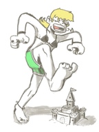 drawing giantess feet blonde long_hair barefoot smiling foot_crush unaware closed_eyes bikini_top raised_foot sandcastle sandcastles bonobobo_