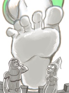 drawing giantess feet monochrome toes barefoot soles foot_crush unaware looking_up raised_foot sandcastles bonobobo_