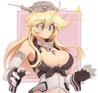 drawing giantess blushing blonde color large_breasts long_hair blue_eyes clothed cleavage surprised humor looking_down women umbrella ships no_background looking_at_tiny kantai_collection admiral bare_midriff unusual_pupils between_breasts iowa ncmares yohomeboync yohomeboyraps raps out_of_frame