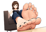 drawing giantess feet long_hair toes barefoot soles brunette sitting shrunken_man female_domination cruel pinned indoors toe_ring looking_at_tiny yuitak
