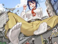 drawing growth feet blushing city color destruction clothed toes buildings soles anime blue_hair outgrowing_building embarrassed socks sitting looking_down outdoors tinies running_away office_lady debris nisekoi kkasi00 seishiro_tsugumi