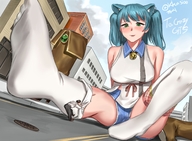 drawing gentle giantess feet small_man blushing city color long_hair toes buildings soles anime blue_hair cat_ears low_angle smiling socks sitting pigtails shorts looking_down cat_girl outdoors undressing thigh_highs legs_spread bangs looking_at_tiny discarded_footwear kkasi00