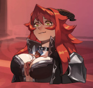 drawing gentle small_man horns color large_breasts long_hair armor clothed cleavage anime demon fairy smiling succubus red_hair unknown_artist demoness collar monster_girl source_needed relaxing looking_at_tiny between_breasts airomed
