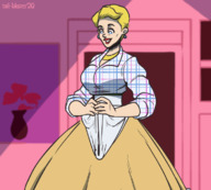 drawing gentle blonde color large_breasts clothed playful short_hair animation shrunken_person indoors apron bouncing looking_at_tiny tail-blazer