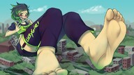 drawing giantess feet blushing city black_hair color destruction clothed toes barefoot buildings soles butt_crush embarrassed green_hair short_hair sitting foot_crush clumsy outdoors looking_back multicolored_hair echo angelickiddy