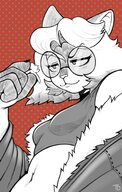 drawing furry cat anthro monochrome clothed handheld glasses mouse smiling short_hair between_fingers no_background looking_at_tiny bare_midriff tdart splash_of_color kitkat_(ethan64) emmacat64