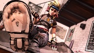 feet small_man blonde armor clothed small_woman toes soles insole smiling in_shoe gloves sitting trapped between_toes indoors under_foot tinies raised_foot headband see_through borderlands looking_at_tiny digital_render simsda patricia_tannis tiny_tina troy_calypso tyreen_calypso krieg