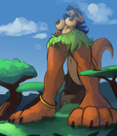 breasts drawing giantess furry tail anthro mega vixen color large_breasts long_hair toes barefoot skirt blue_hair topless goddess fox brown_eyes police jungle looming standing thighs outdoors nipple_ring low_view ankle_bracelet throne commission bracelet hands_on_hips t-bone orange_skin grass_skirt bare_legs carmelita_fox saatchi makeshift_clothing bare_midriff sly_cooper_(series) year_of_the_(carmelita)_fox