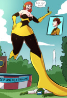 breasts drawing giantess mega alien color large_breasts long_hair handheld cleavage skirt brunette gloves red_hair short_hair boots foot_crush blue_skin mask avengers outdoors costume low_view dialogue stage washington_monument looking_at_tiny washington mary_jane janet_van_dyne spider-man marvel_comics podium the_wasp caiman2 earth_20052 kree yon-rogg flag_smasher president
