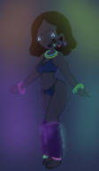 bikini drawing gentle giantess color clothed barefoot cleavage dancing milf source_needed on_shoulder no_background hilda_(series) alfur johanna_(hilda) glowsticks pointy_hat