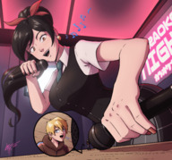 drawing gentle size_difference blonde black_hair long_hair clothed skirt punk low_angle smiling ponytail shrunken_man indoors bar hoodie microphone zerohour99 maple leon_takayashi karaoke