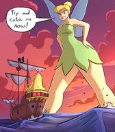breasts drawing giantess wings mega blonde color blue_eyes cleavage ocean fairy dress tinkerbell disney ships flag dialogue pirates hands_on_hips hair_bun bare_legs caiman2 krumuz
