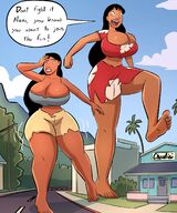 breasts drawing giantess mega black_hair color long_hair barefoot rampage cleavage huge_breasts multiple_sizes yellow_eyes navel shorts giantesses dark_skin hawaii disney power_lines ripped_clothing dialogue thick_thighs bare_legs nani_pelekai bare_midriff caiman2 dracoknight545 lilo_pelekai lilo_and_stitch