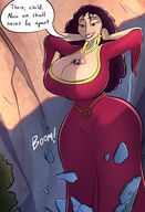 breasts drawing giantess mega blonde black_hair color long_hair destruction cleavage huge_breasts outgrowing_building dress grey_eyes milf disney tangled dialogue looking_at_tiny rapunzel mother_gothel human_jewelry caiman2 dracoknight545 gothel