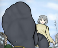 drawing giantess panties feet city upskirt color clothed buildings low_angle socks short_hair black_eyes looking_down cruel vehicles outdoors sky grey_hair point_of_view looking_at_viewer black_socks imminent_crush looking_at_tiny yamumil leggins