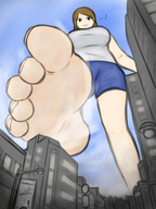 drawing giantess feet city color destruction clothed barefoot buildings soles brunette low_angle brown_eyes smiling foot_crush shorts looking_down cruel clouds outdoors sky point_of_view looking_at_viewer imminent_crush looking_at_tiny yamumil bare_legs ayaka smirking