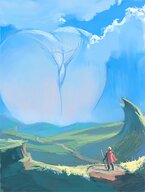 drawing giantess panties small_man landscape color butt clothed anime knight bending_over looming mountains clouds outdoors field vertigris