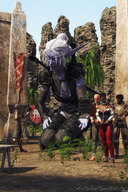 white_hair small_man armor clothed small_woman sword knight elf kneeling weapon captured dark_skin world_of_warcraft outdoors prisoner night_elf braid purple_skin skimpy_clothing looking_at_tiny pointed_ears digital_render madamemaeve cywen