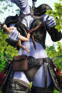 giantess white_hair nude panties armor clothed small_woman handheld smiling scared elf bondage dangle world_of_warcraft outdoors undressing prisoner night_elf hanging_on purple_skin skimpy_clothing looking_at_tiny digital_render madamemaeve bare_midriff cywen