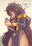 drawing small_man blushing black_hair color long_hair clothed handheld anime smiling scared story elf fishnets screaming no_background looking_at_tiny pointed_ears thunderafterdark in_fist messy_hair